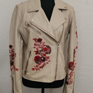 Blank NYC Beige Faux Leather Moto Jacket with Red Floral Embroidery